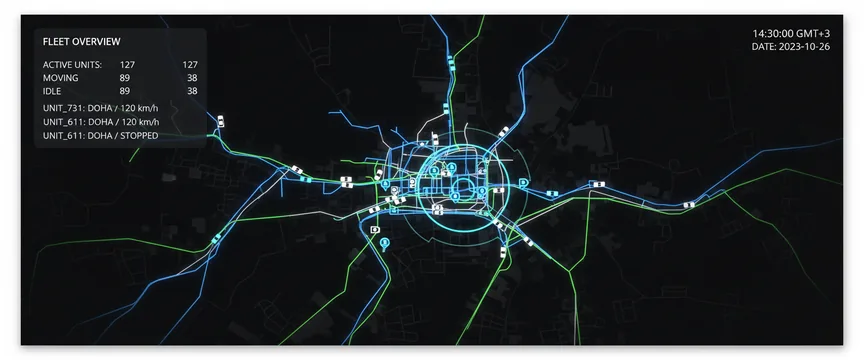 The live map in the FMS console, showing tracked vehicles across Doha.