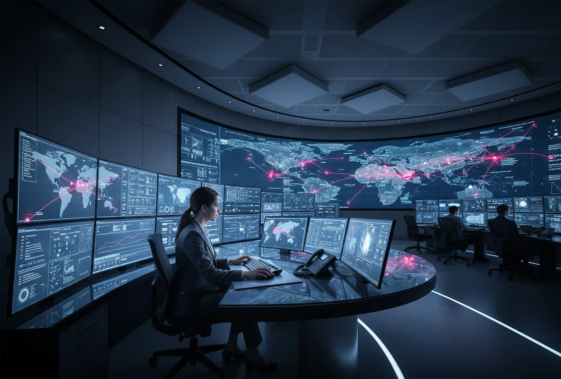 An operator at the Doha control centre, watching a wall of fleet telemetry.
